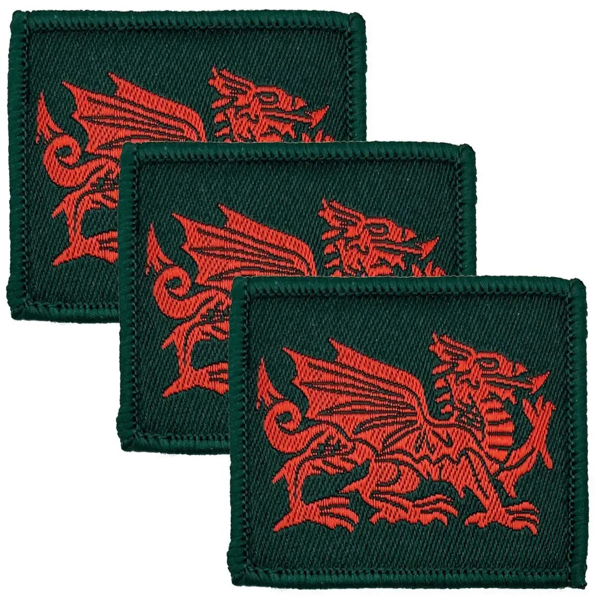 Set of three Royal Welsh TRF patches with red dragon design on dark green background, iron or sew on, from John Bulls military uniform collection.
