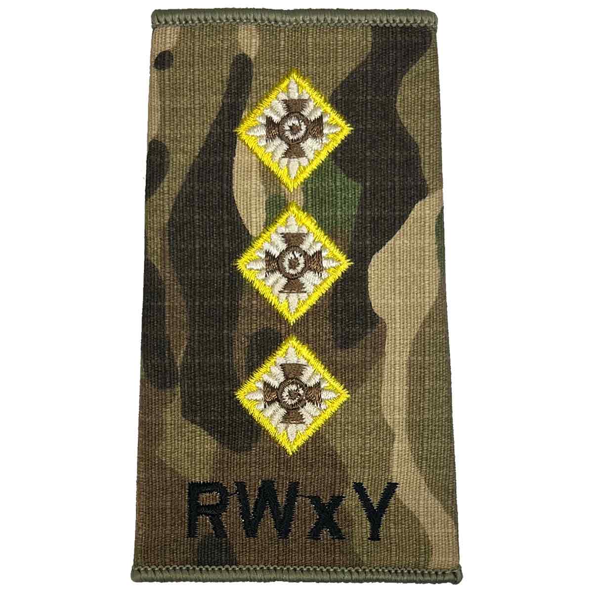 Royal Wessex Yeomanry rank slide with three gold stars on Multicam, indicating senior officer rank in military apparel.