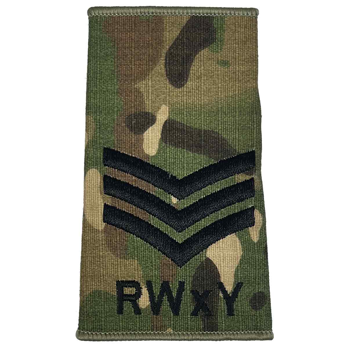 RWxY Multicam rank slide with three black chevrons, representing sergeant rank in Royal Wessex Yeomanry military uniforms.