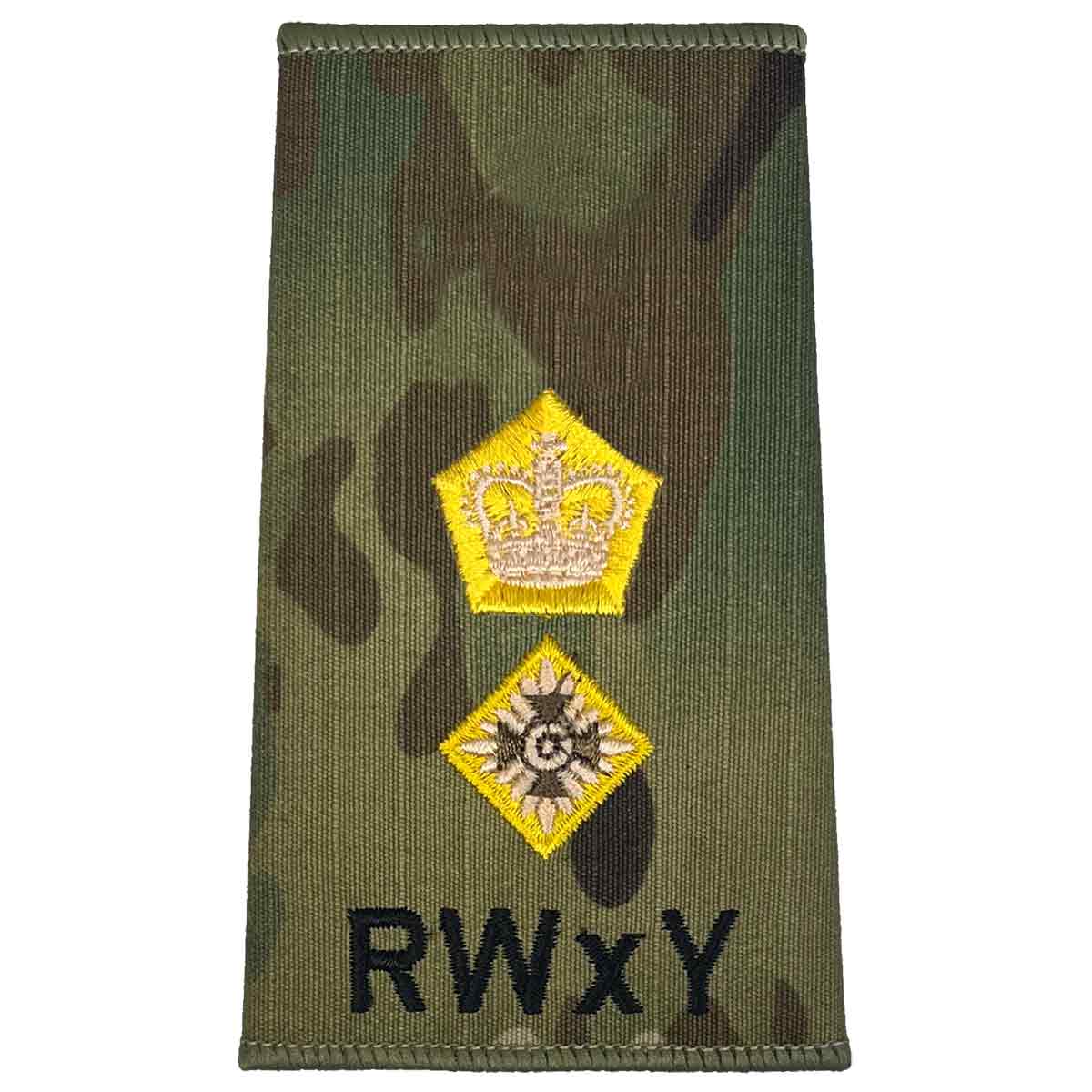 Royal Wessex Yeomanry rank slide with gold crown and star on Multicam, suitable for senior officer military uniform use.