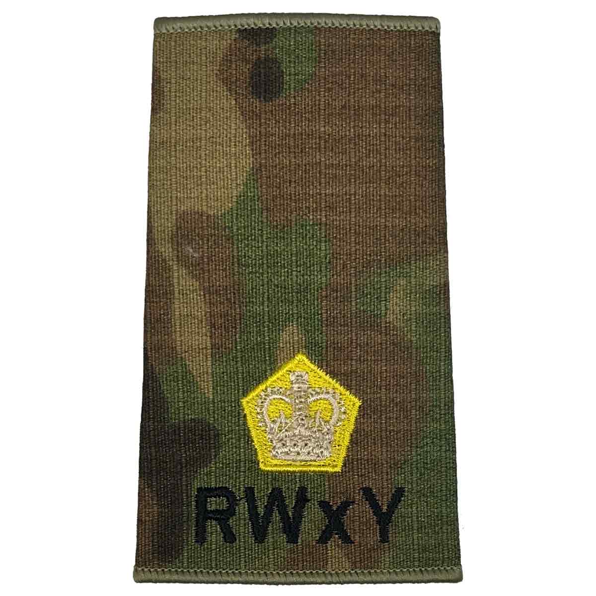RWxY Multicam rank slide with gold crown embroidery, denoting high-ranking officer status in Royal Wessex Yeomanry uniforms.