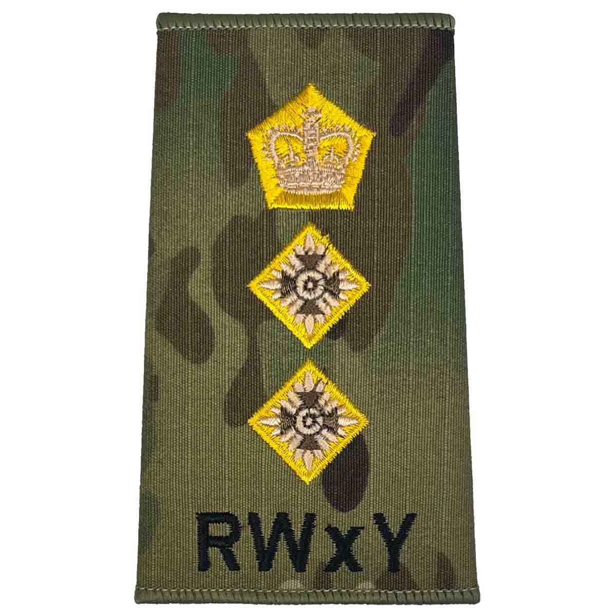 RWxY Multicam rank slide with gold crown and two stars, representing high-ranking officer insignia in military uniforms.