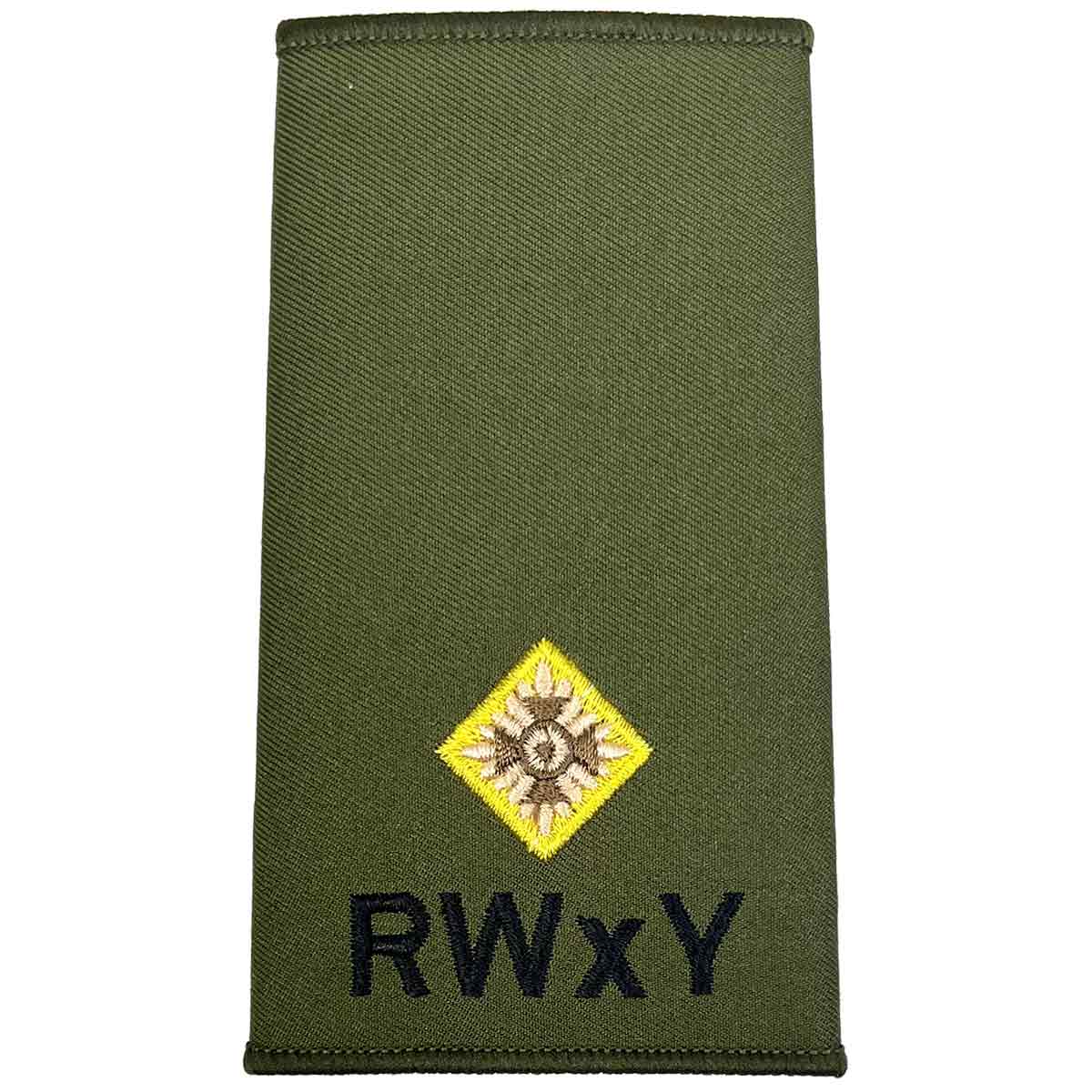Single Royal Wessex Yeomanry olive green rank slide featuring one embroidered star and RWxY text, ideal for military uniform use.