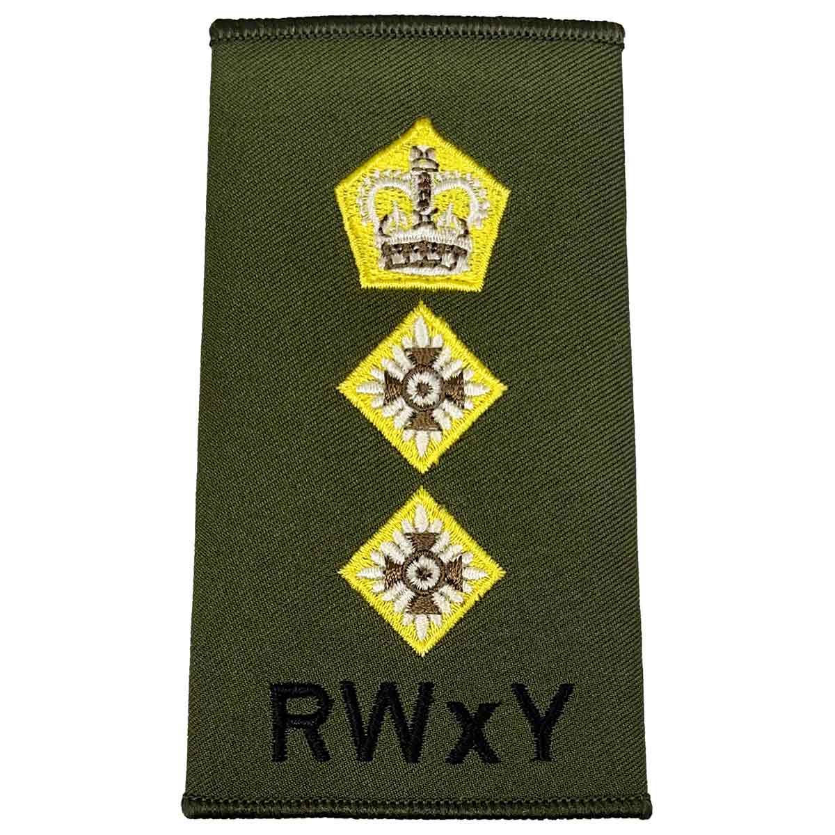 Olive green Royal Wessex Yeomanry rank slide with crown and two stars, embroidered with RWxY text for military uniform use.