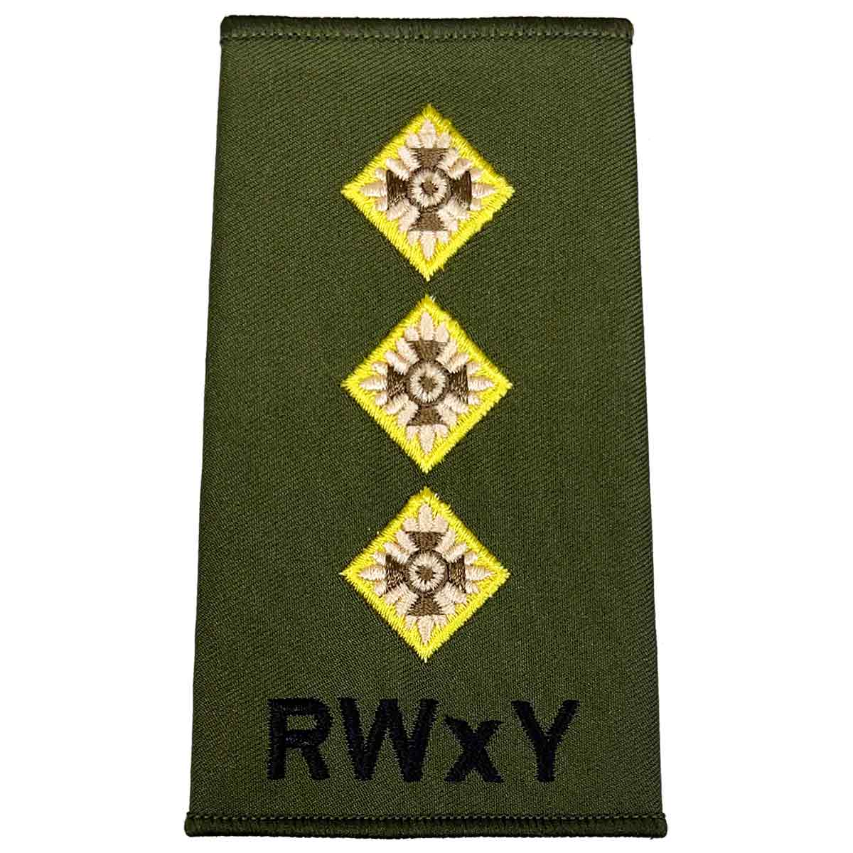 Triple-star Royal Wessex Yeomanry rank slide in olive green with RWxY text, suitable for military uniforms and made from Cordura.