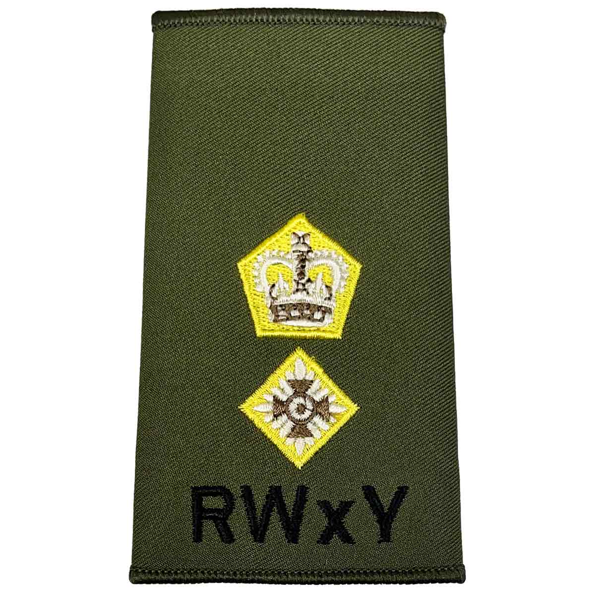 Royal Wessex Yeomanry olive green rank slide with crown and star embroidery, featuring RWxY text for military uniform identification.