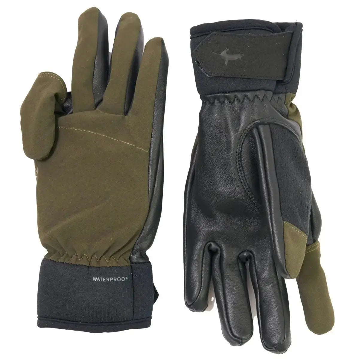 Pair of Sealskinz Broome Waterproof All Weather Shooting Gloves in green and black, featuring waterproof material and adjustable wrist strap.
