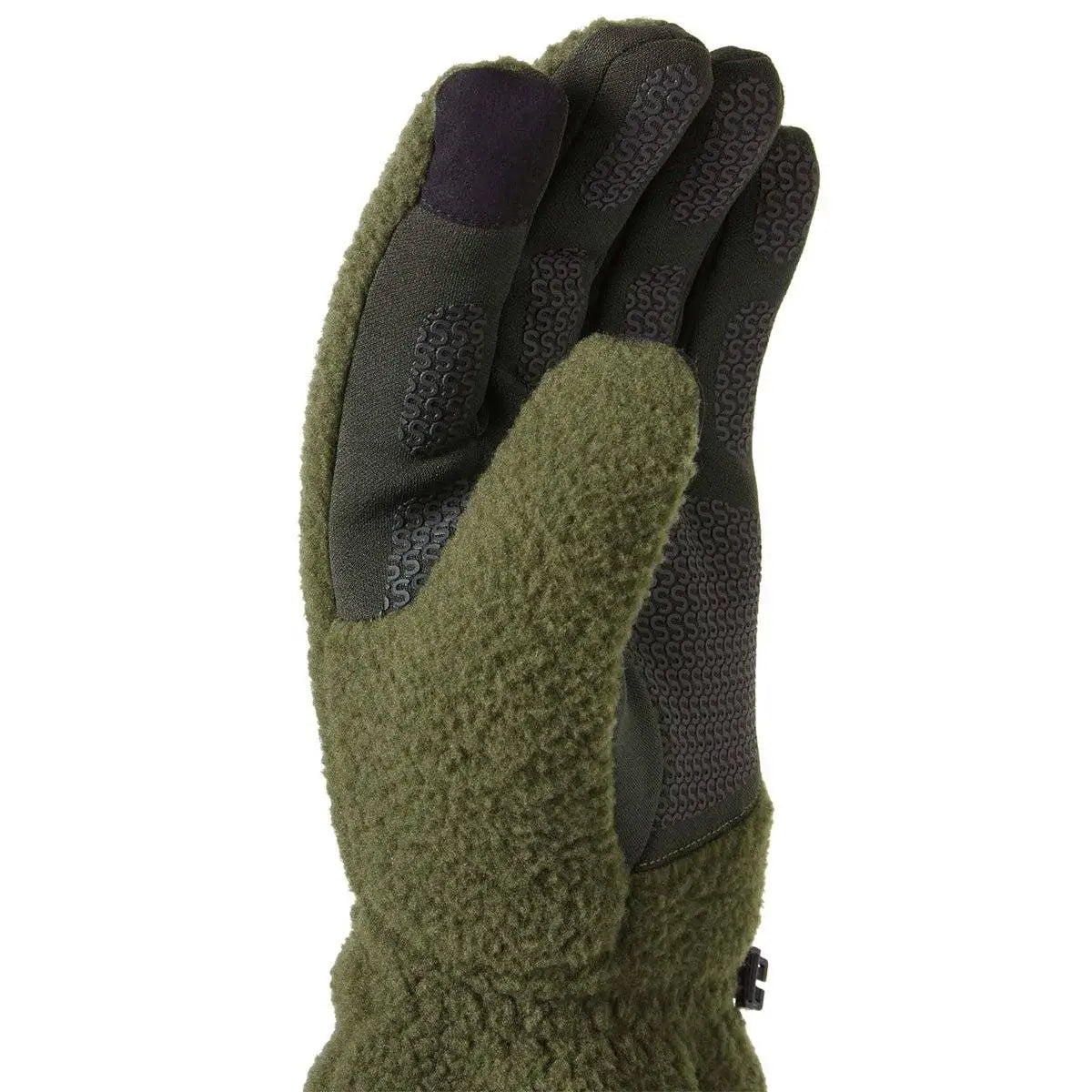 Close-up of green Sealskinz Hoveton Waterproof Sherpa Fleece Glove showing grippy palm and touchscreen thumb detail.
