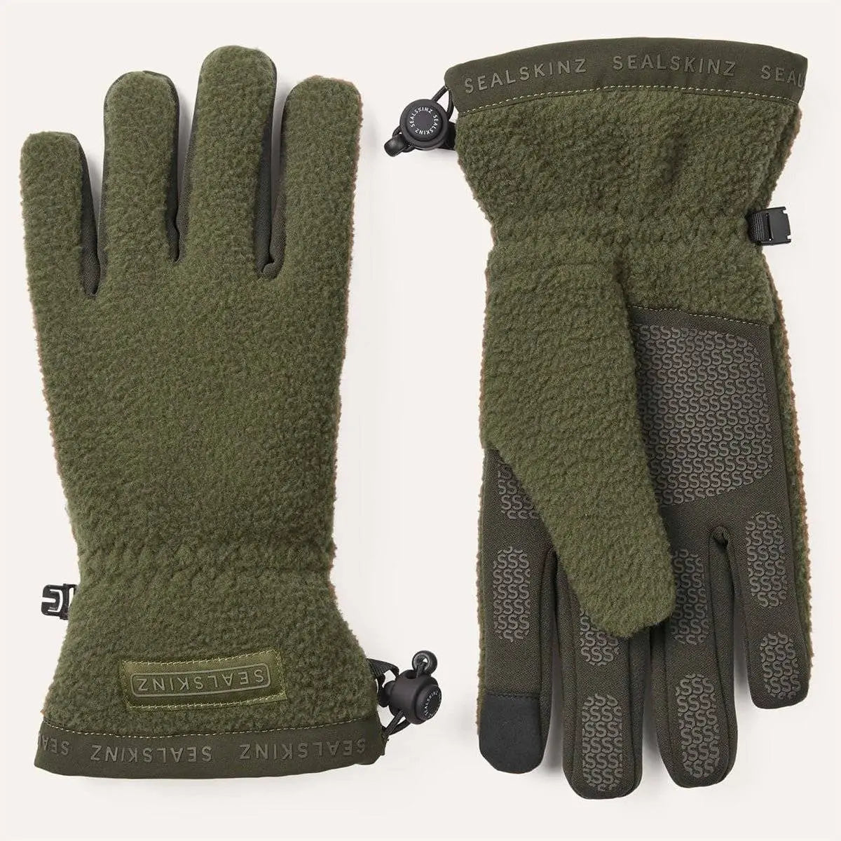 Sealskinz Hoveton Waterproof Sherpa Fleece Glove in green with textured fleece exterior and adjustable wrist toggle for secure fit.