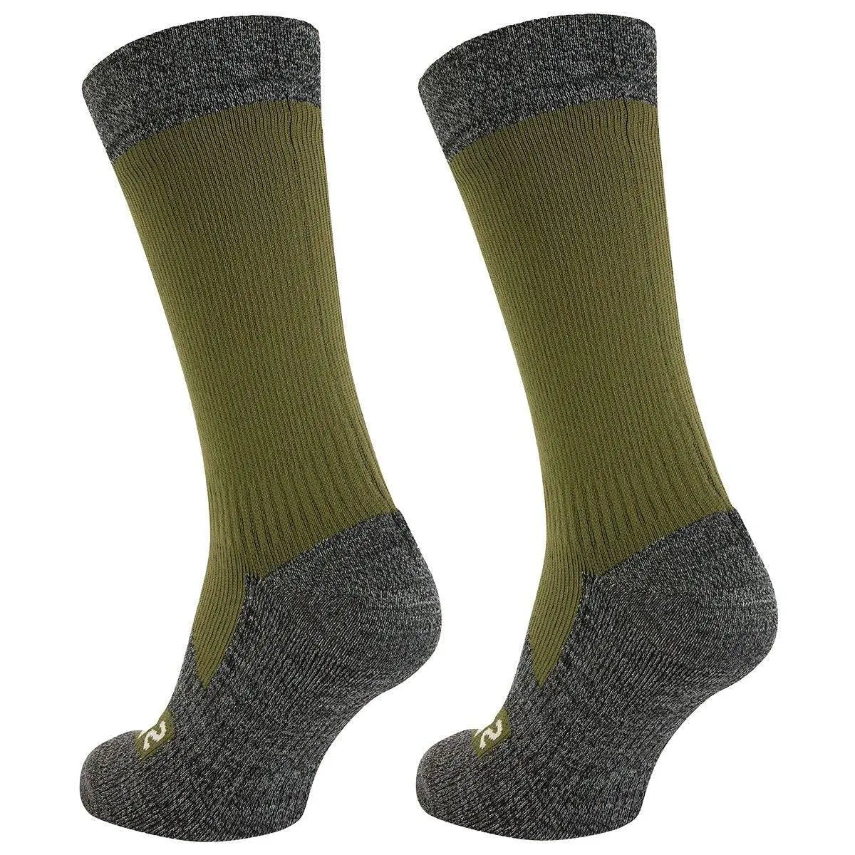 Pair of Sealskinz Raynham Waterproof Sock All Weather Mid Length in olive green, featuring ribbed texture and moisture-wicking fabric for comfort.