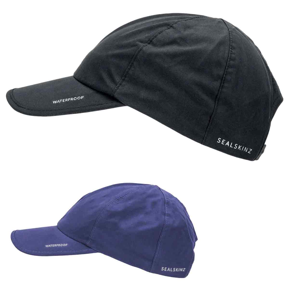 Sealskinz Waterproof All Weather Baseball Cap in black and navy, designed for durability and protection against rain. Stylish and functional outdoor headwear.
