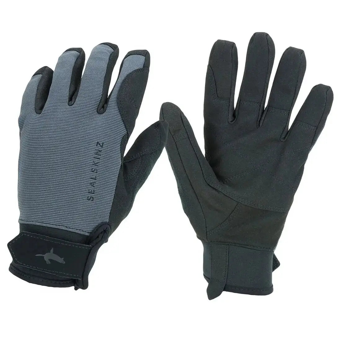 Front and back view of Sealskinz Waterproof All Weather Gloves in grey and black, showcasing ergonomic fit and waterproof features.