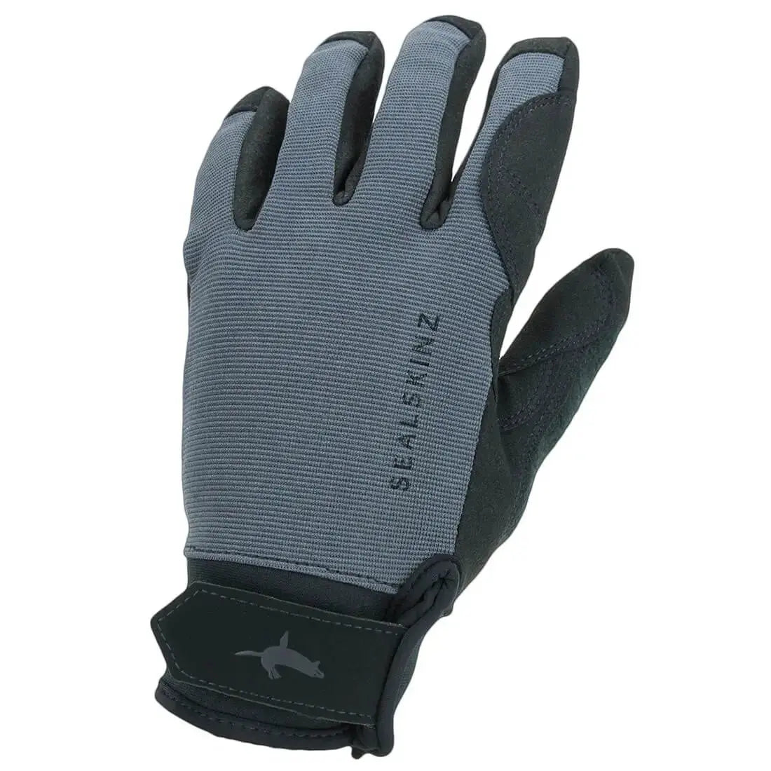 Close-up of Sealskinz Waterproof All Weather Glove in grey and black, featuring durable polyester material and waterproof construction.