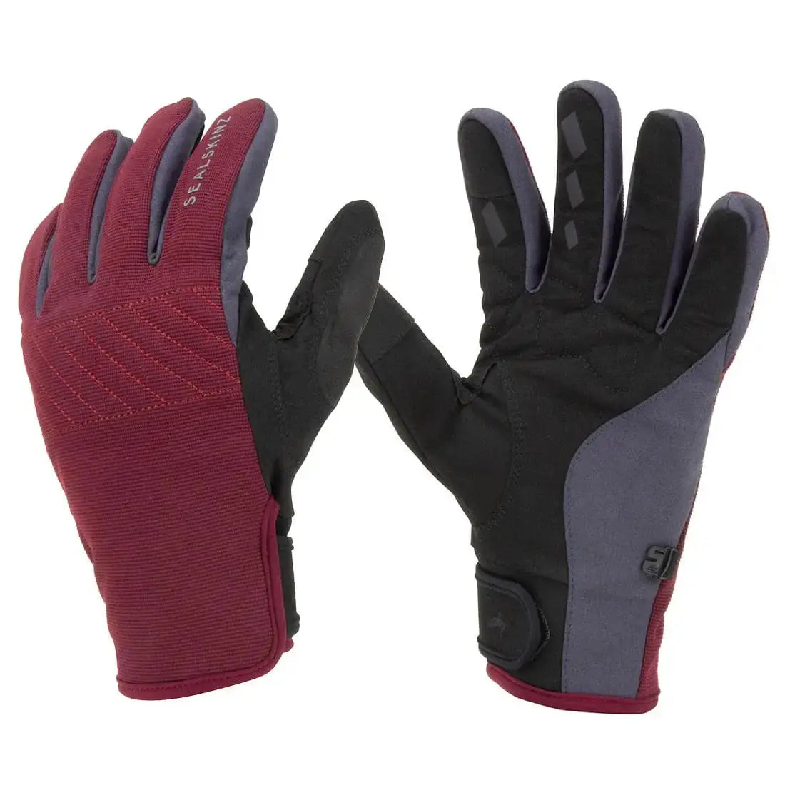 Red Sealskinz Waterproof All Weather Gloves with Fusion Control, front and back view. Designed for waterproof performance, breathability, and grip.