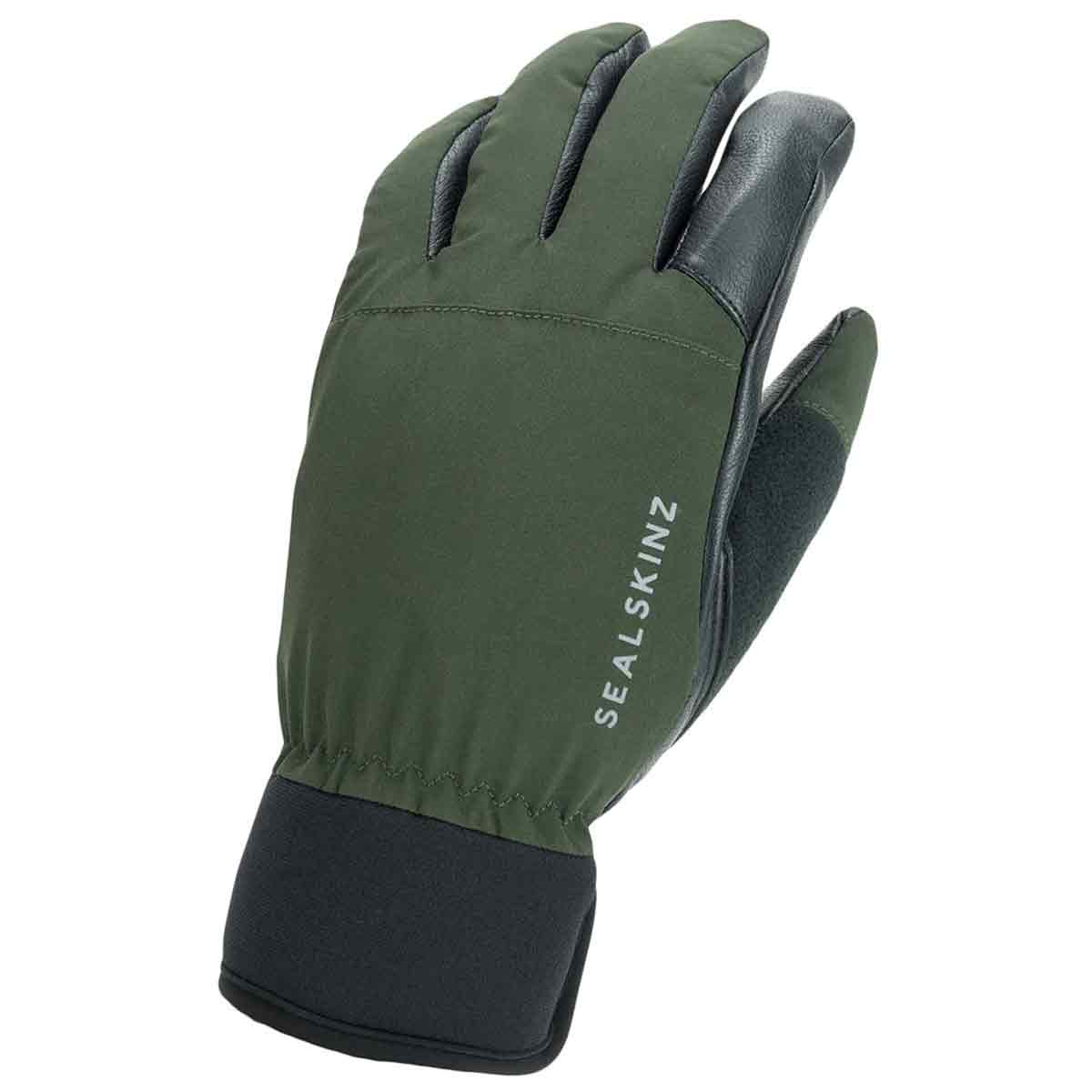 Sealskinz Fordham Waterproof All Weather Hunting Glove in green with black leather palm, offering grip, dexterity, and weather protection for hunters.