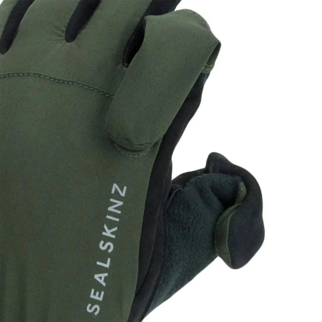Close-up of Sealskinz Stanford Waterproof All Weather Sporting Glove highlighting the foldable trigger finger and durable stitching for outdoor performance.
