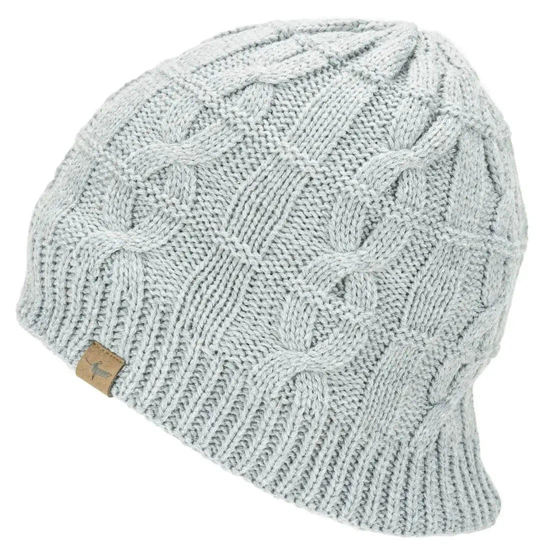 Light gray Sealskinz Waterproof Cold Weather Cable Knit Beanie featuring a classic cable knit pattern. Designed for warmth and waterproof protection.