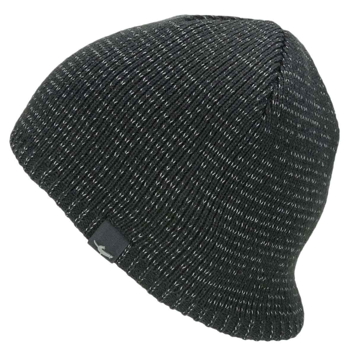 Sealskinz Waterproof Cold Weather Reflective Beanie Hat in black with reflective stitching. A warm and waterproof knit hat designed for outdoor activities.