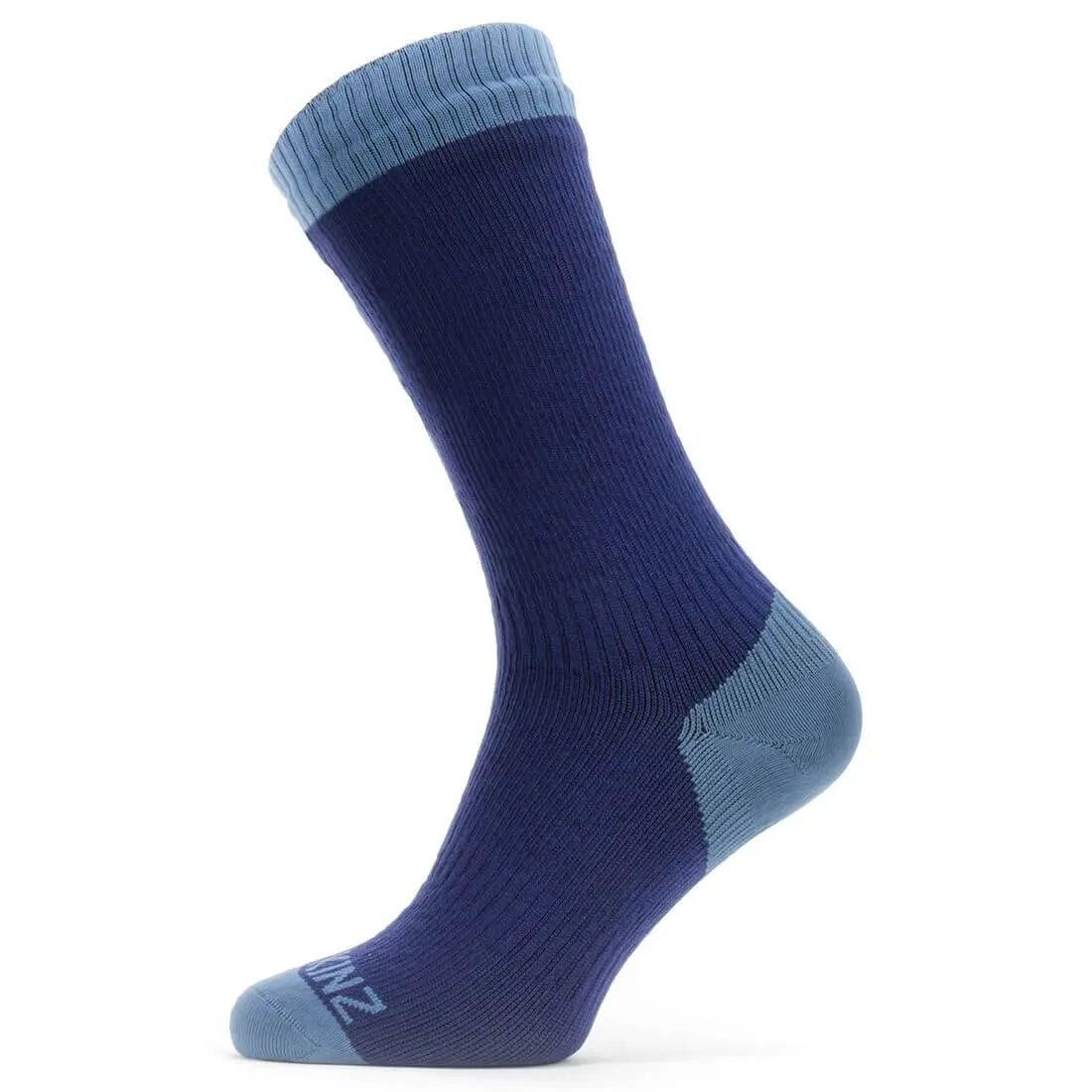 Sealskinz Waterproof Warm Weather Mid Length Sock in navy with a light blue cuff and heel. Breathable and waterproof design for comfort in warm conditions.