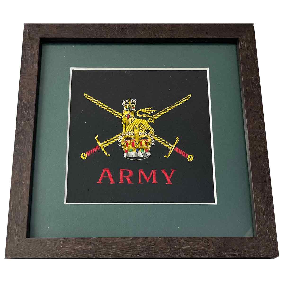 Bespoke Army presentation frame featuring an embroidered regiment badge in a dark green mount with a wooden frame. A perfect gift for military personnel.