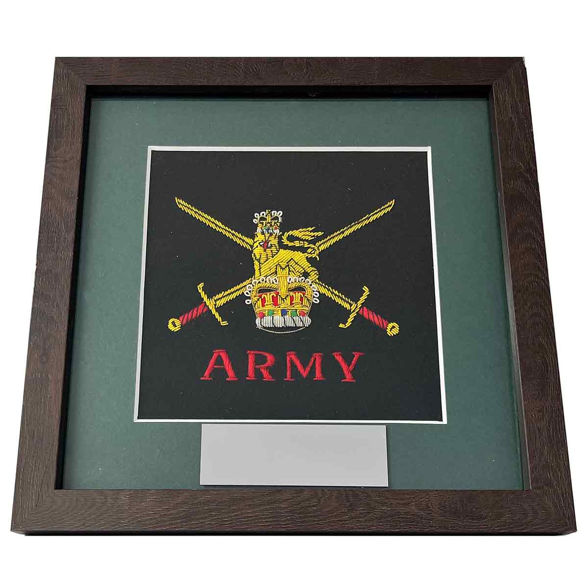 Single framed Army presentation with embroidered badge and nameplate, set in a dark green card mount and modern wooden frame. Ideal for military memorabilia display.