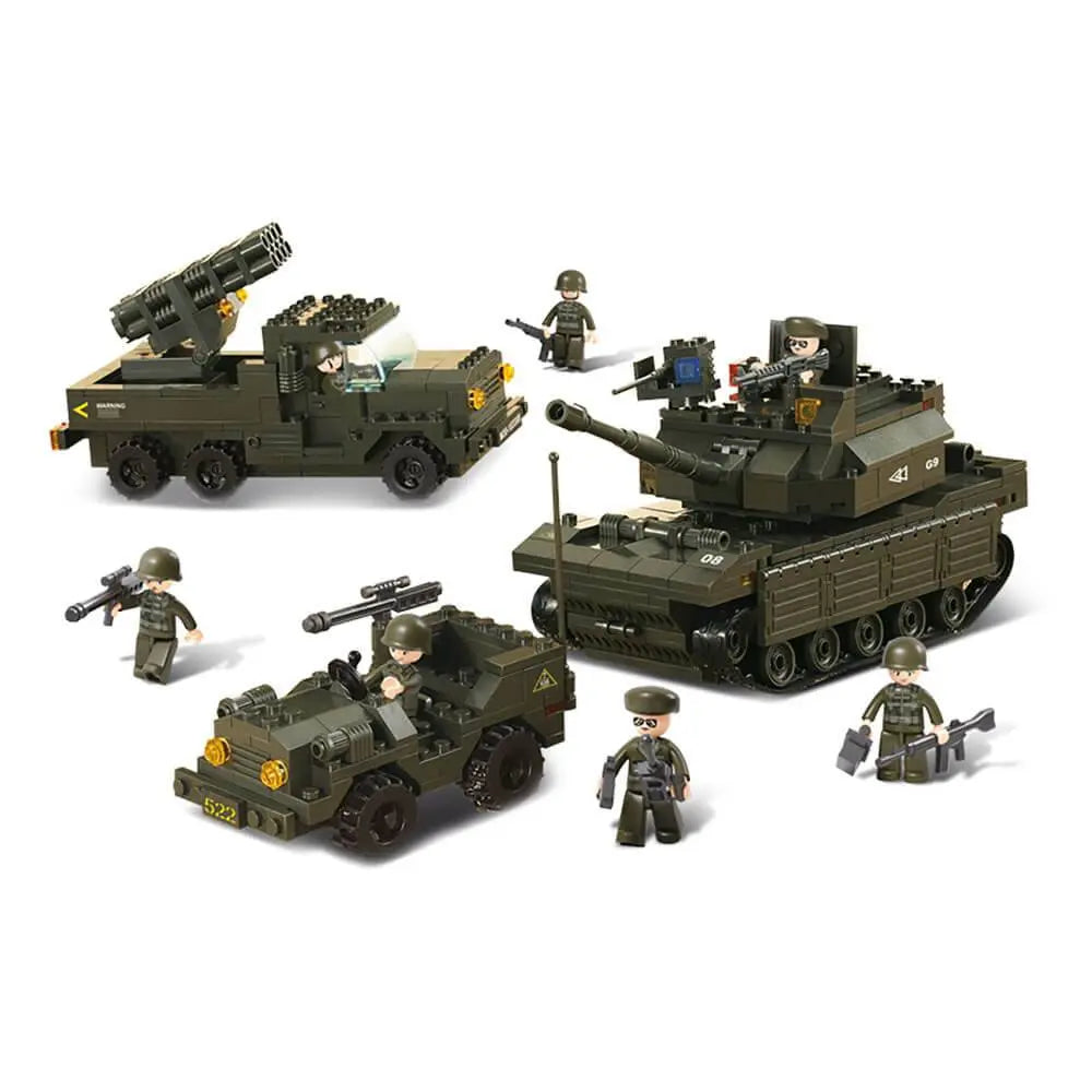 Sluban Army Land Forces Set M38-B6800 featuring a tank, jeep, missile truck, and soldier figures. A military-themed construction toy for kids.