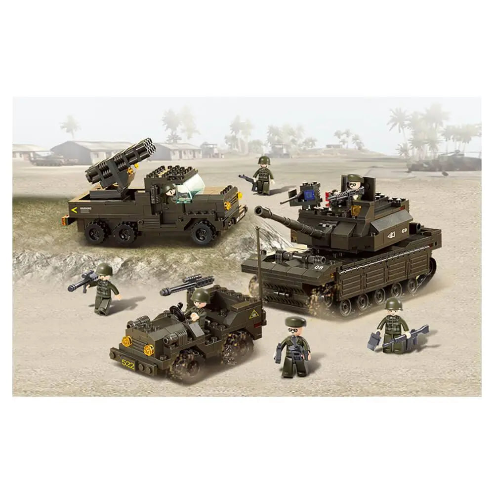 Sluban Army Land Forces Set M38-B6800 displayed in a battlefield setting with a tank, jeep, missile truck, and soldier figures for imaginative play.
