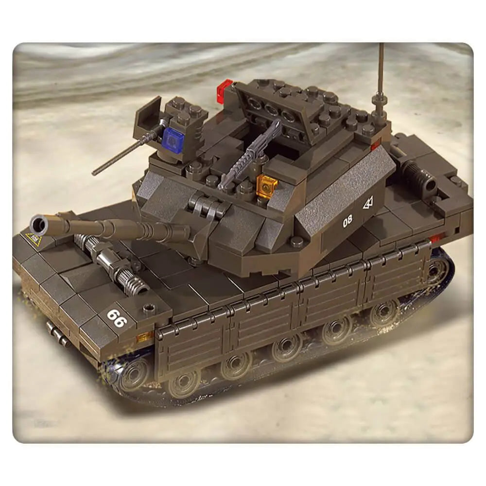 Detailed view of the Sluban Army Land Forces tank with realistic design, rotating turret, and weaponry, part of the M38-B6800 construction set.