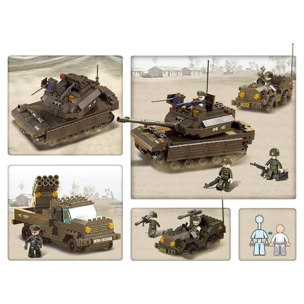 Close-up views of the Sluban Army Land Forces Set M38-B6800, showcasing detailed military vehicles and soldier figures in a desert combat scene.