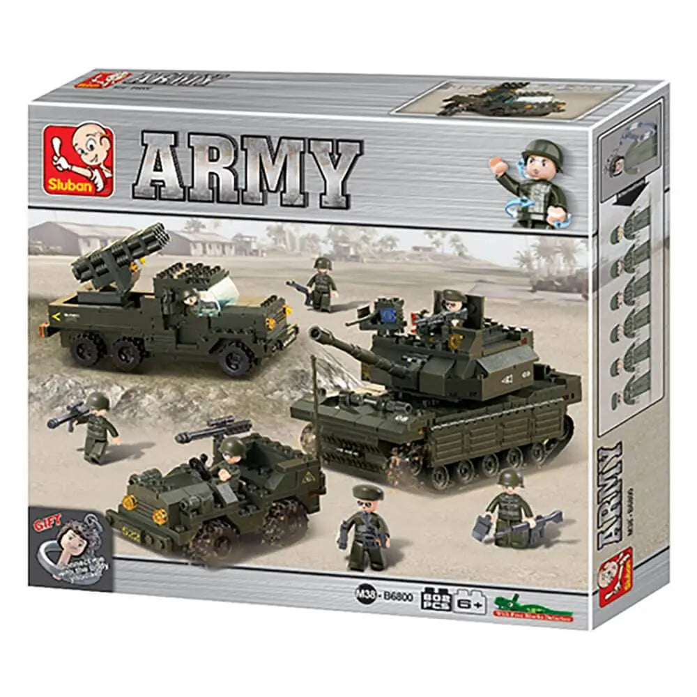 Sluban Army Land Forces Set M38-B6800 packaging displaying military vehicles and soldier figures, a fun construction toy for kids aged 6 and up.