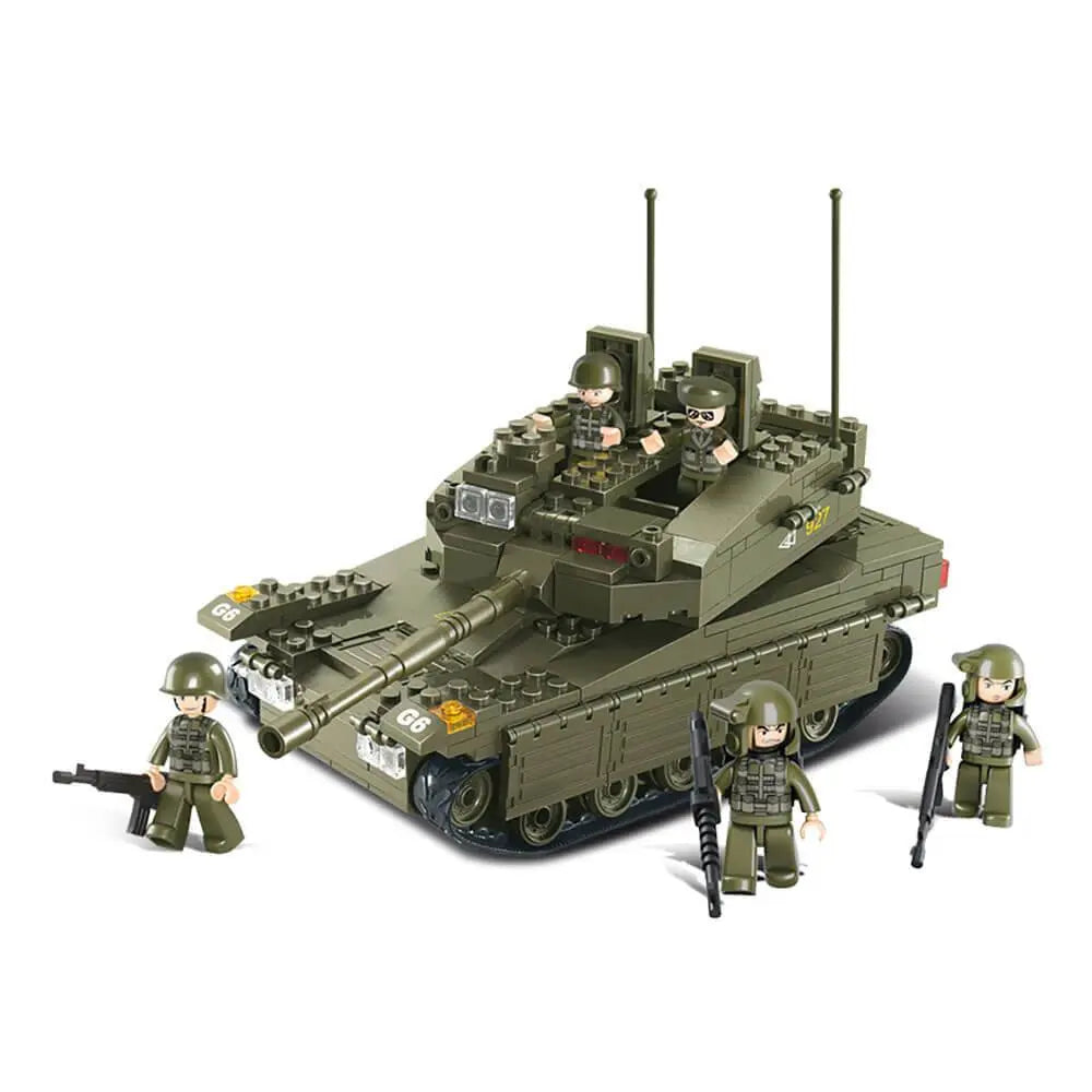 Sluban Army Large Battle Tank M38-B0305 construction toy set with green tank and four soldier mini-figures, ideal for kids' military-themed play.