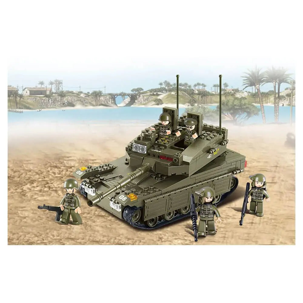 Sluban Army Large Battle Tank M38-B0305 toy set displayed in desert battlefield scene with mini-figures, perfect for imaginative building fun.
