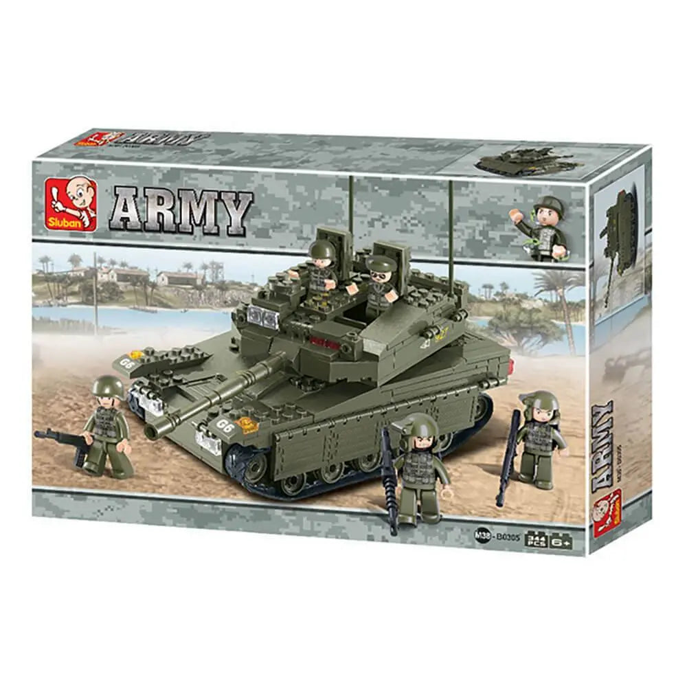 Retail packaging of Sluban Army Large Battle Tank M38-B0305 construction set featuring tank and soldier mini-figures, from Sluban Army series.