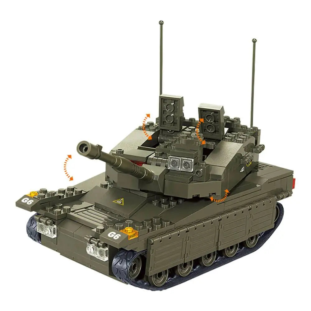 Close-up of Sluban Army Large Battle Tank M38-B0305 showing detailed turret and cannon design, part of kids' military construction toy series.