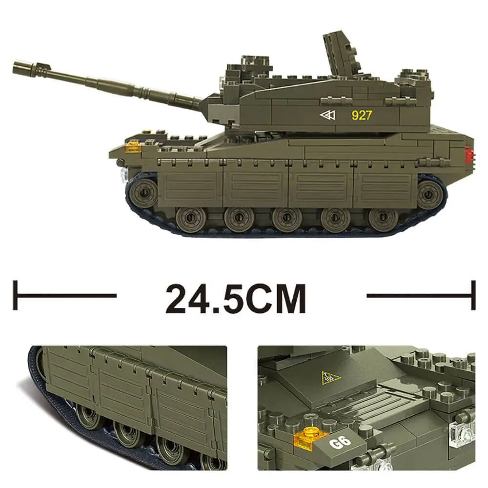 Side view of Sluban Army Large Battle Tank M38-B0305 measuring 24.5cm, highlighting tank tracks and buildable features for kids' creative play.