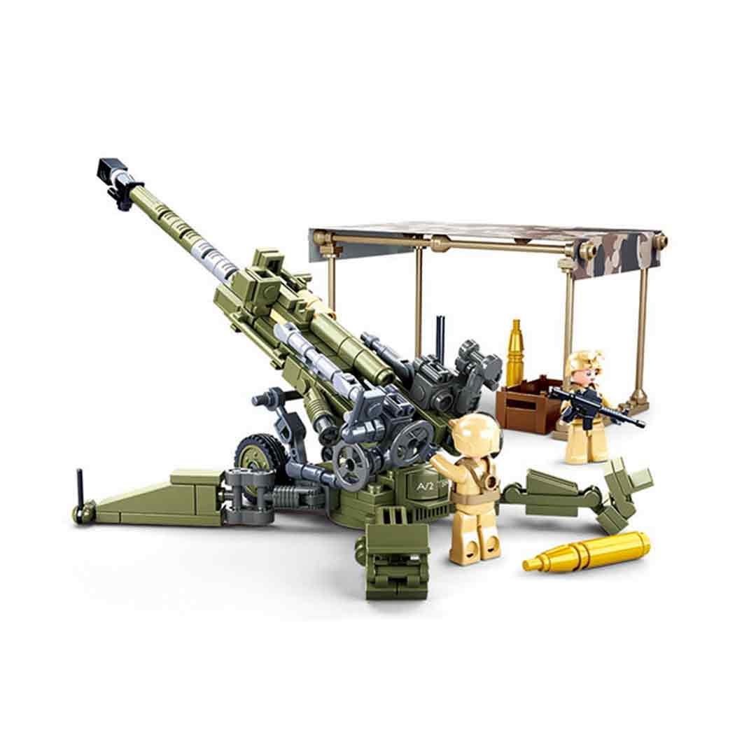 Sluban Army M777 Howitzer Set M38-B0890 featuring a detailed green artillery cannon with rotating parts, soldier mini-figures, and a camouflage tent.