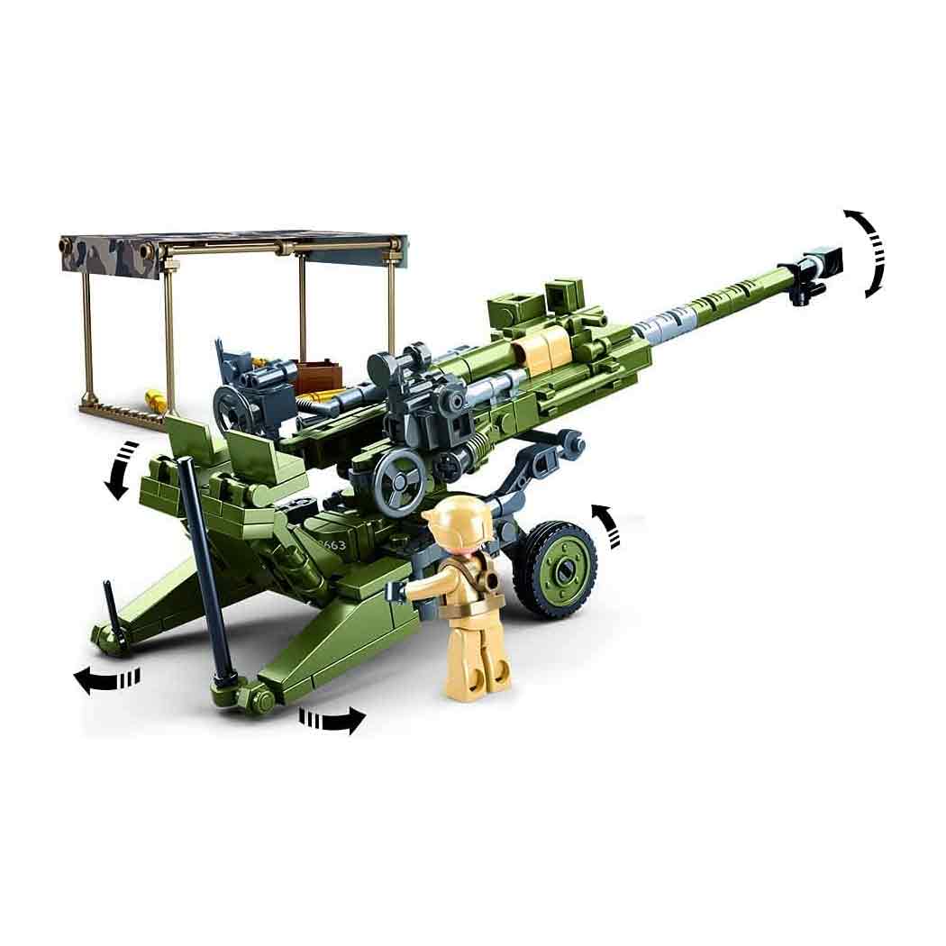 Sluban Army M777 Howitzer Set M38-B0890 with adjustable artillery gun, soldier mini-figure, and interactive rotating components for immersive play.