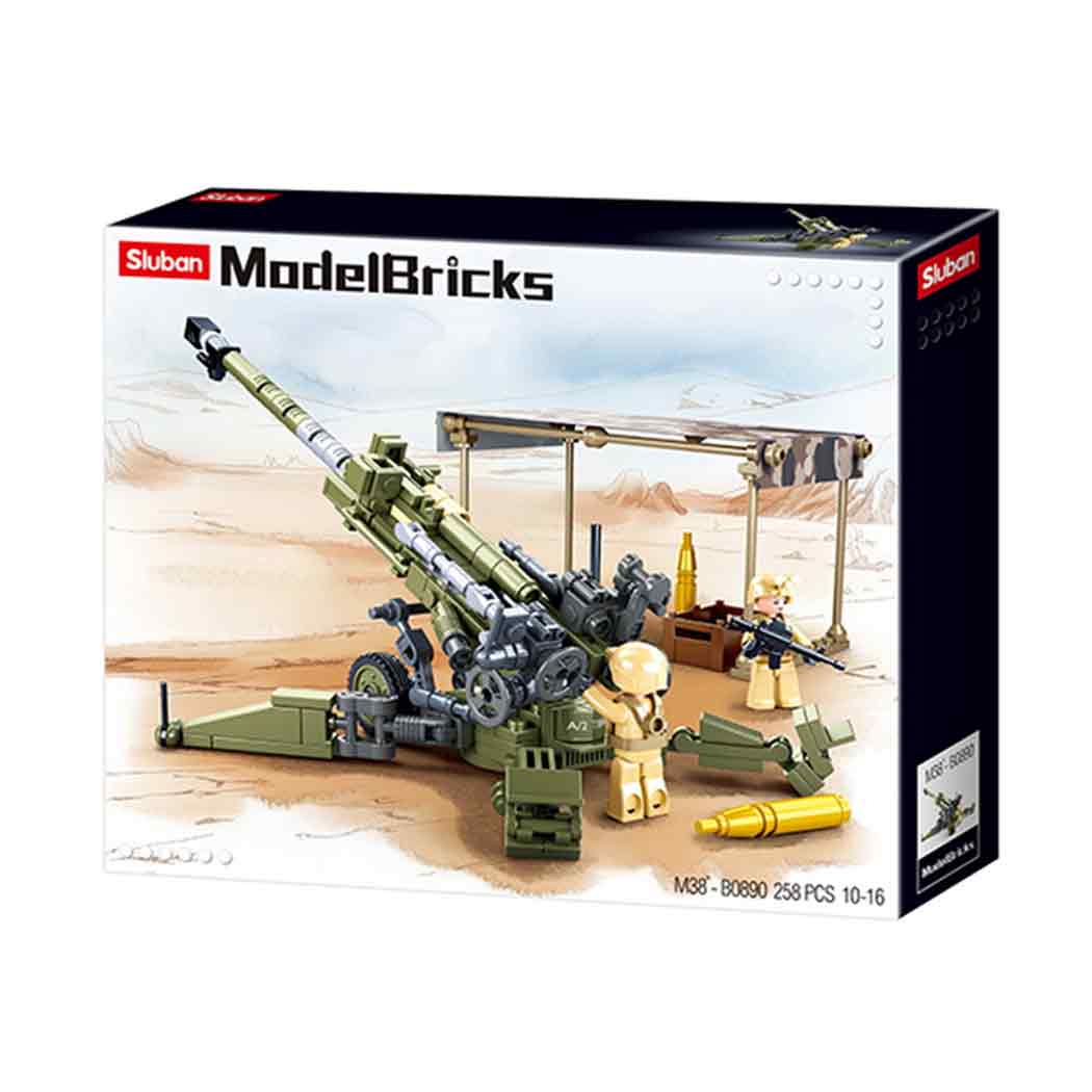 Packaging of the Sluban Army M777 Howitzer Set M38-B0890, displaying the assembled military artillery model with mini-figures and accessories.