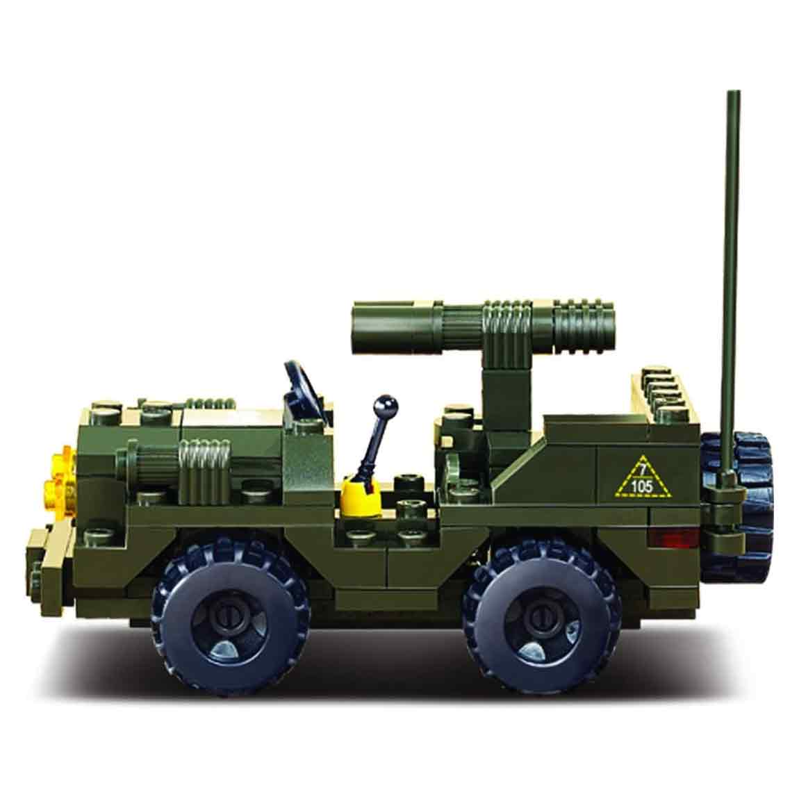 Side view of the Sluban Army Off-Road Jeep Set M38-B5800 showcasing its rugged design, rotating gun, and realistic military details.