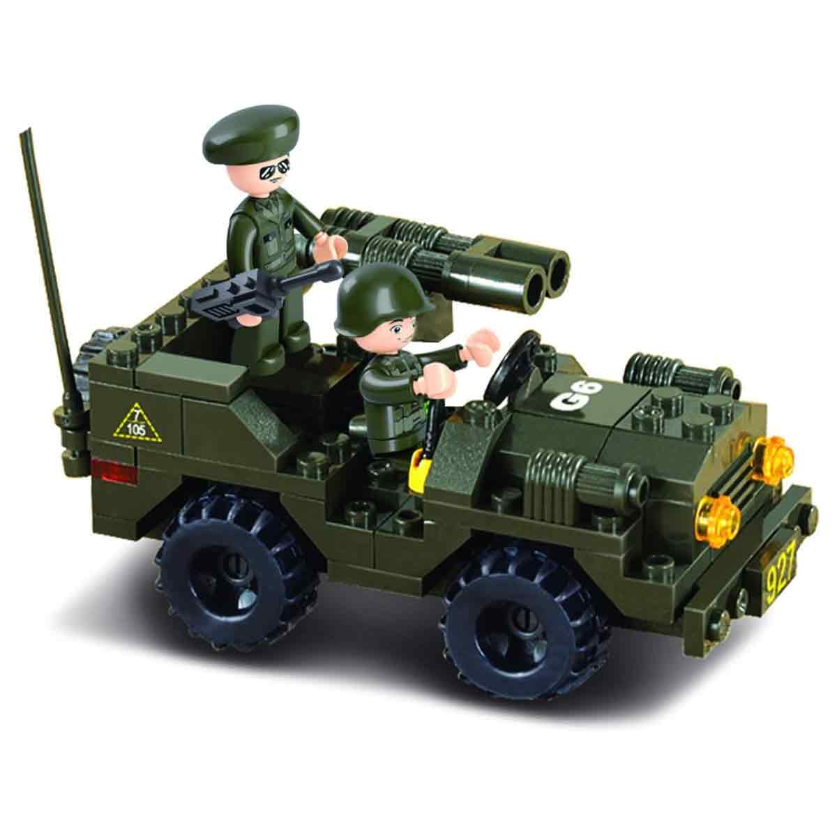 Sluban Army Off-Road Jeep Set M38-B5800 featuring a green military jeep with rotating gun and soldier mini-figures. Perfect for imaginative play.