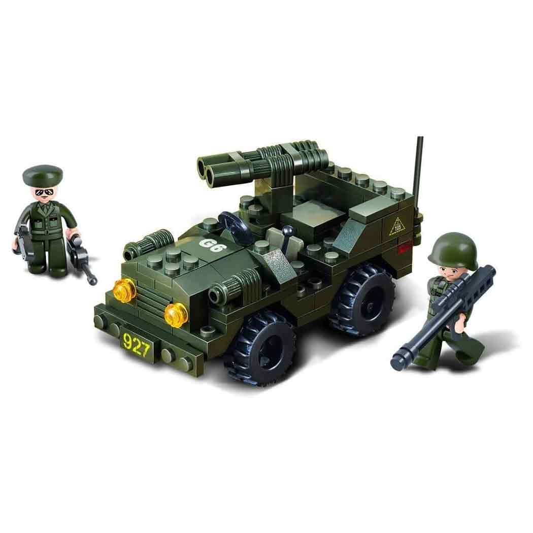 Sluban Army Off-Road Jeep Set M38-B5800 with two soldier mini-figures and weapon accessories. A military-themed construction toy for kids.