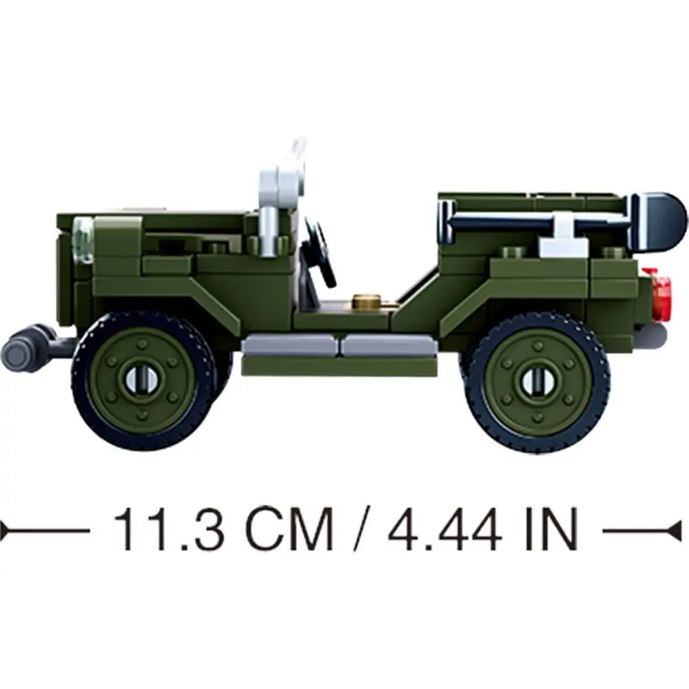 Side view of Sluban M38-B0682 Allied Light Truck toy showing 11.3 cm length, ideal for kids who enjoy military construction sets.