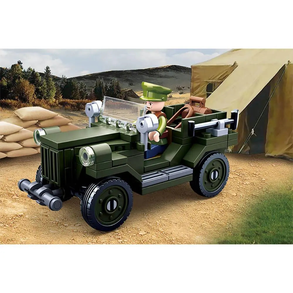 Sluban M38-B0682 Allied Light Truck toy jeep displayed in a desert army camp scene, perfect for imaginative WWII-themed play.