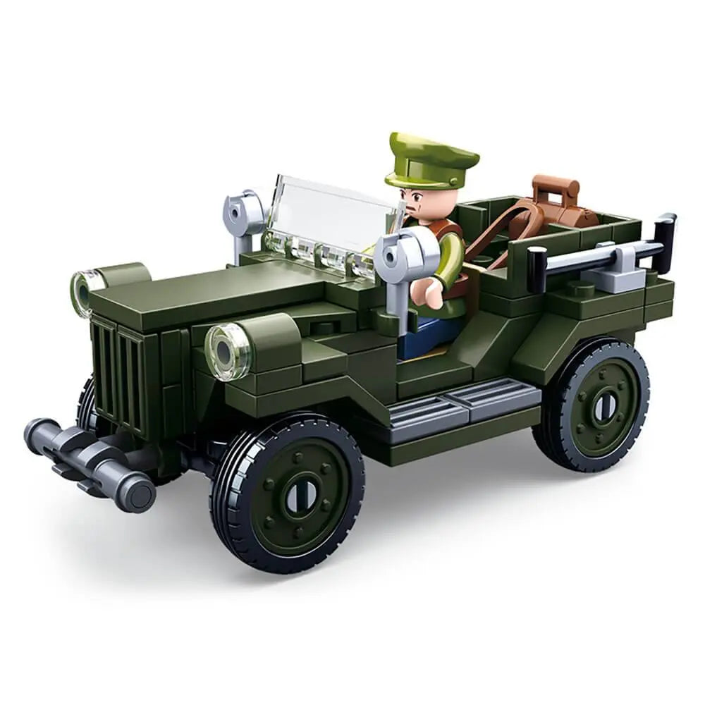 Sluban Army WWII Allied Light Truck M38-B0682 toy set with green military jeep and officer figure, ideal for kids' construction play.