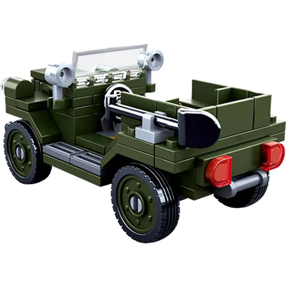 Rear view of Sluban Army WWII Allied Light Truck M38-B0682 toy jeep featuring detailed build and rear accessories for kids.