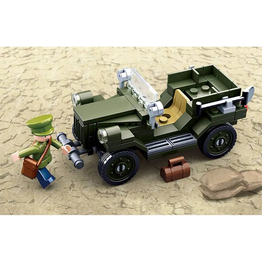 Sluban Army WWII Allied Light Truck M38-B0682 with detachable figure and accessories, great for interactive building fun.