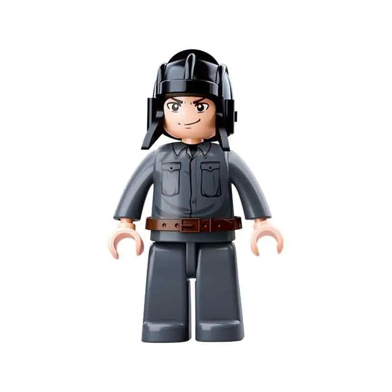 Close-up of the Sluban Army WWII soldier mini-figure wearing a black helmet and gray uniform, included in the anti-aircraft gun set.