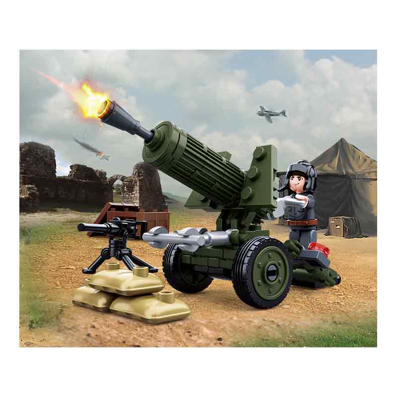 Sluban Army WWII Anti Aircraft Gun Set in a battlefield scene with a firing effect, military tent, and aircraft in the background for realistic play.