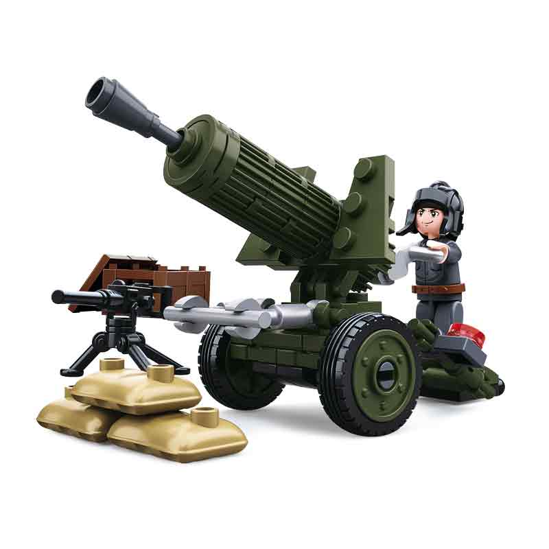 Sluban Army WWII Anti Aircraft Gun Set featuring a rotating green artillery gun, sandbags, and a soldier mini-figure for interactive play.