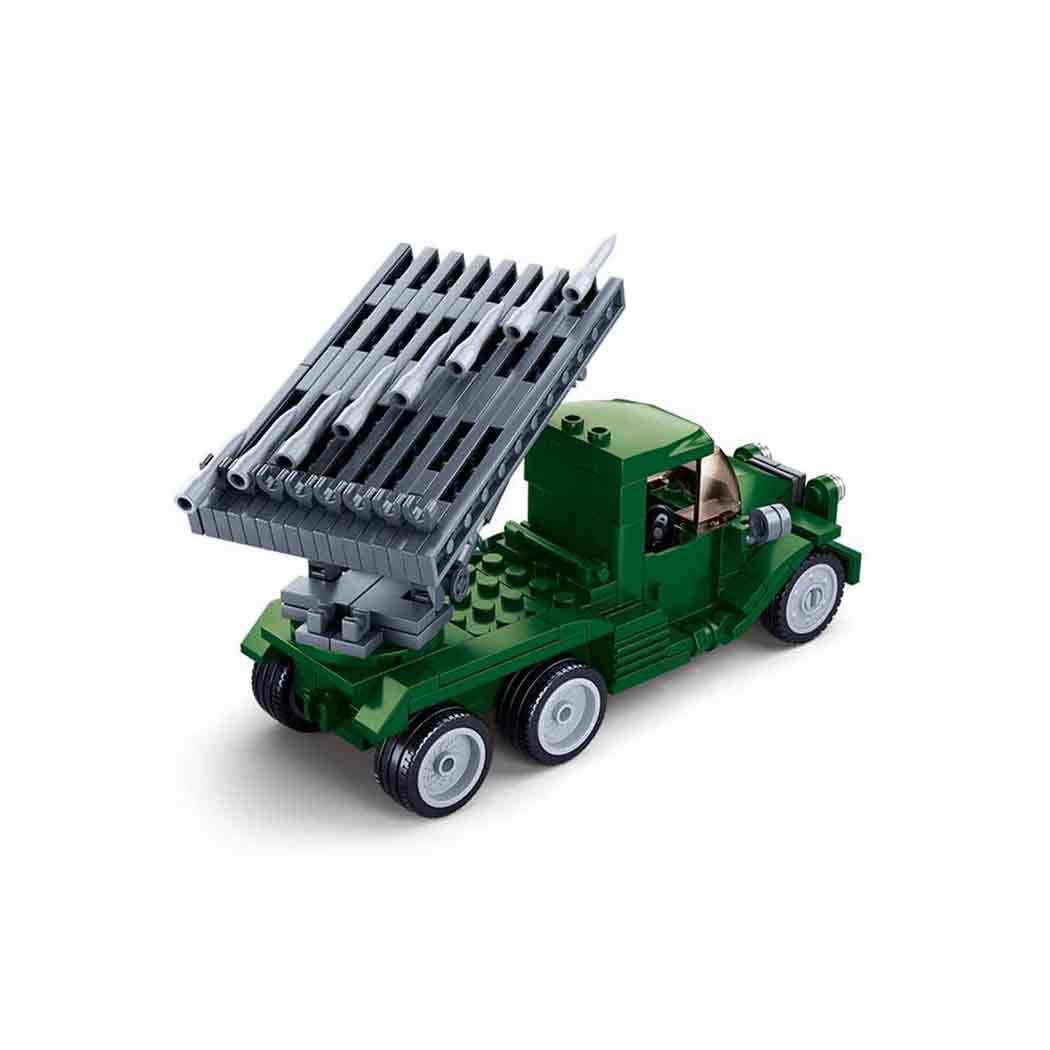 Close-up of Sluban M38-B0975 Russian Rocket Launcher truck with detailed missile rack, part of the Army building toy series for kids aged 6-14.